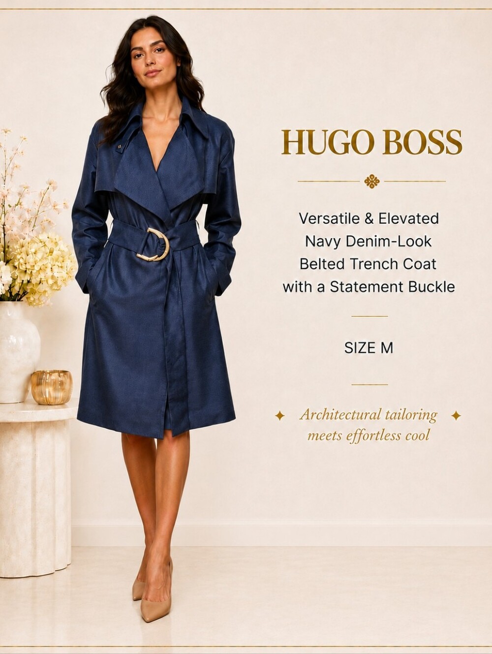 HUGO BOSS Navy Denim-Look Belted Trench Coat | Statement Buckle | M (Fits S–L)